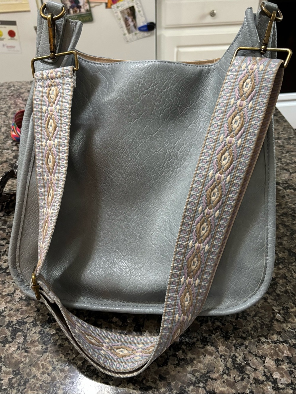 Light blue Leather Bag with Embroidered Strap